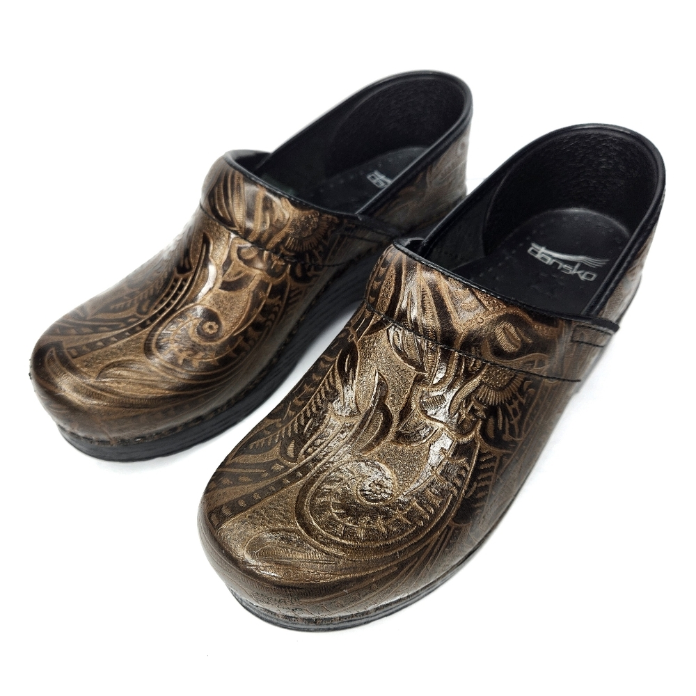 Dansko Floral Print Leather Brown Clogs  Womans 7.5-8